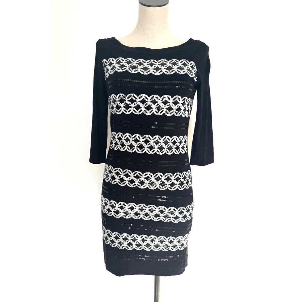 WHITE HOUSE BLACK MARKET Black White Sequined Party Sheath Mini Dress XS